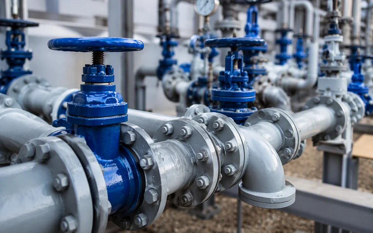 Flanged carbon-steel pipework and gate valves in a process plant